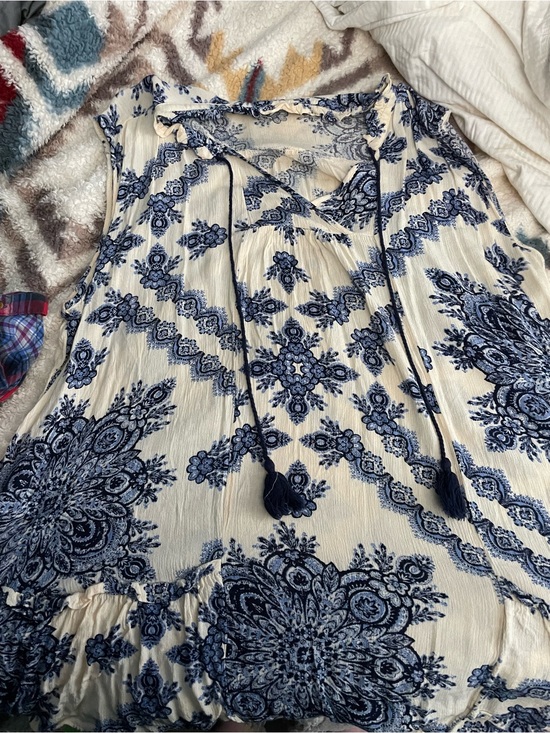 living doll Tops - living doll Blue and White Sleeveless Tassel Tie Tunic